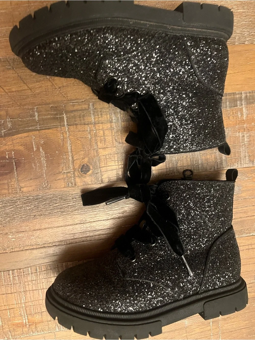 Toddler Cat & Jack Sparkle Black Velvet Lace-Up Boots